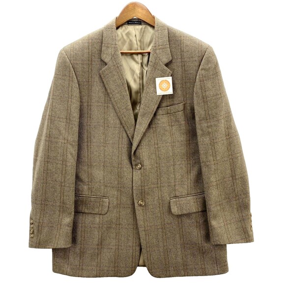 Club Room Cashmere Herringbone Beige Plaid Blazer 2 Button Front Sport Coat - Picture 1 of 16